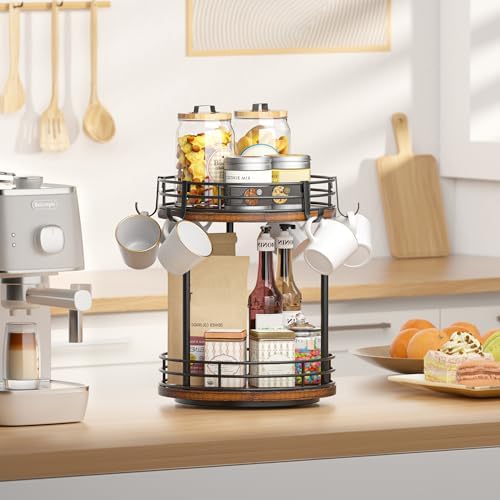 Rotating Coffee Mug Holder Rack Stand, 2 Tier Wooden Coffee Station Bar Organizer for Countertop, Spinning Kitchen Counter Organizer, Mug Shelf with 6 Hooks, Rustic Brown and Black - Image 7