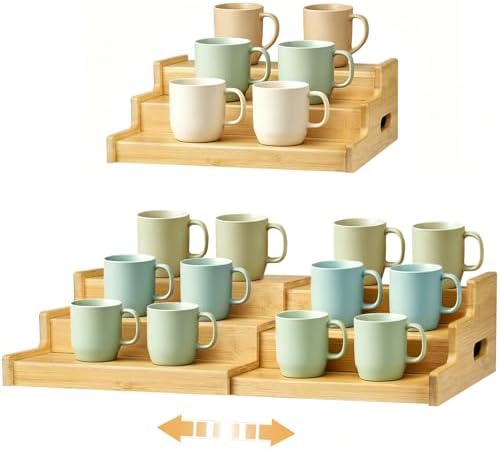 3-Tier Expandable Bamboo Mug Holder for Countertop Coffee Cup Holder Display Mug Organizer Mug Rack for Coffee Bar Organizer Mug Shelf for Cabinet for Kitchen, Home, No Assembly by FIMOFIDRE