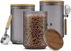 JoyJolt Holden 32oz Stackable Glass Storage Containers with Lids and Scoops, Airtight Food Canister Set of 3 w/Acacia Wood Lids, Round Stacking Pantry and Kitchen Containers w/Scoop | Smoke by JoyJolt