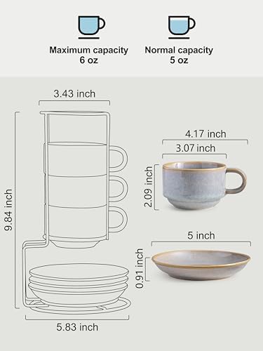 Gomakren 6oz Stackable Cappuccino Cups Set of 4 with Saucers & Stand, Gray - Image 3