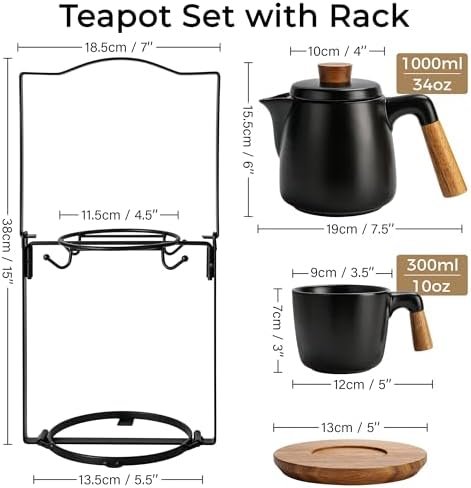 MIAMIO - Teapot Set with 4 Cups & Rack (34/10 oz) with Infuser (Black) - Image 2