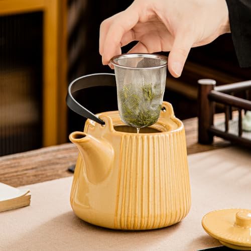 Yundu Ceramic Teapots for Tea, 1000ml/33.8oz Tea Pot with Infusers for Loose Tea, Striped Tea Pot with Removable Tea Infuser - Reactive Mustard - Image 5