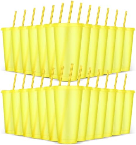 24 Pack Plastic Tumblers with Lids and Straws, Reusable Colorful Cups for Parties, Birthdays, Iced Coffee, Travel, Cold Drink Bulk Tumblers (24 oz, Yellow) by LEIFEOSH