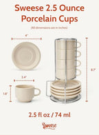 Sweese Porcelain Espresso Cups Set, 2.5 oz, Stackable with Saucers Metal Stand, Beige, 4 Pack - Image 2