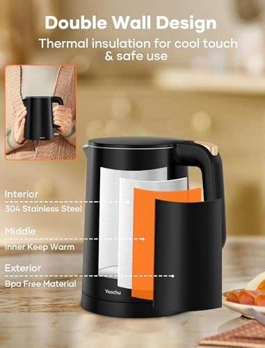 Small Electric Kettle, 0.8L Water Boiler & Heater, 1000W Hot Tea Pot, Double Wall Stainless Steel Cool Touch, Mini Coffee Kettle with Auto Shut Off & Boil Dry Protection, BPA-Free, Black - Image 3
