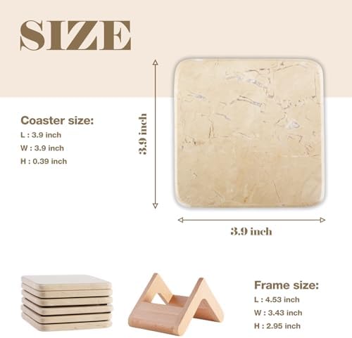 Koville Set of 6 Natural Marble Coasters for Coffee Table with Holder, Beige Yellow Marble Coaster Square 3.9" inches for Table Décor Home Décor, Handmade Luxury Aesthetic Drink Coasters for Dining - Image 2