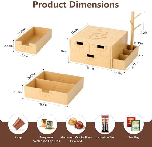 Coffee Pod Drawer, Wooden K Cup Holder with Tree Shape Mug Holder and Side Storage Box, 2-Tier K Pod Drawer Coffee Maker Machine Stand(80 Kcups+60 Tea Bags Capacity) - Image 2