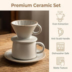 Ceramic Pour Over Coffee Dripper Set, 10oz/320ml Stoneware Single Serve Coffee Maker, 3 Holes Flat Bottom & Ribbed Grooves, Dishwasher/Microwave/Oven Safe for Home Office, Beige (Slate Gray) - Image 5