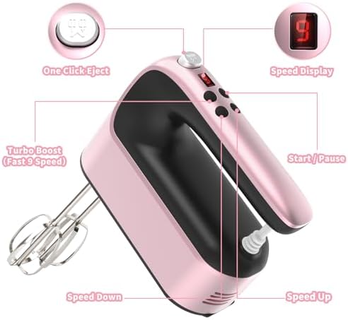 Yomelo 9-Speed Digital Hand Mixer Electric, 400W Powerful DC Motor, Hand Mixer Electric Handheld with Snap-On Storage Case, 5 Stainless Steel Accessories, Beaters, Dough Hooks, Whisk(Rose Gold) - Image 2