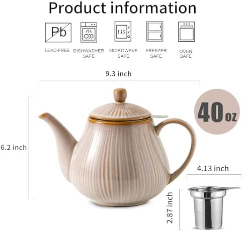 HVH 40 oz Porcelain Teapot with Stainless Steel Infuser, Ceramic Tea pot with Infuser for Loose Tea, Enough For 6 Cups, Striped Series (Sand Color) - Image 4