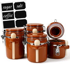 4 Piece Airtight Ceramic Canister Set With Attached Wooden Spoon Reusable Chalk Labels For Dry Goods Sugar Coffee Tea Kitchen Storage Use (Brown) by TryitBuyitYoulllikeit