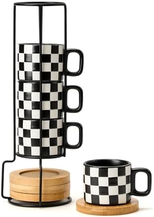 LUKA Porcelain Stackable Black and White Checkered Espresso Cups with Saucers and Metal Stand, 4 Ounce Small Ceramic Demitasse Cups Set for Coffee Drinks, Latte, Tea - Set of 4, Black Interior by LUKA