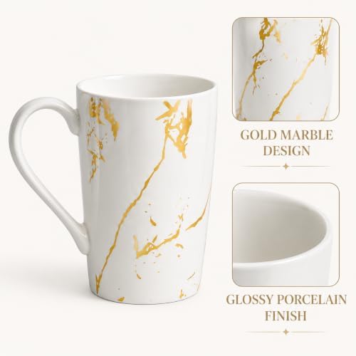 White Gold Marble Coffee Mugs Set of 6, 12 oz Porcelain - Image 3