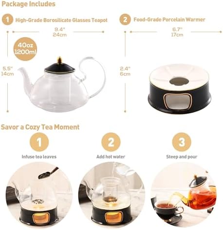 DUJUST Blooming Tea Pot Set, Luxury British Design with Relief Decor & Gold Trims, Hand-Crafted Clear Teapot with Warmer, 40oz Glass Teapot with Infuser, Stove-Safe Tea Party Gift & Home - Black - Image 5