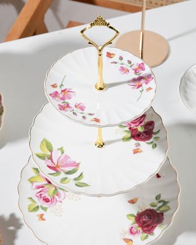Sweejar 3 Tier Ceramic Cake Stand Wedding, Dessert Cupcake Stand for Tea Party Serving Platter (Fresh Flower) - Image 4