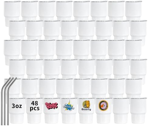 3 OZ Mini Tumbler Shot Glass With Straw and Lid 48 Pcs Mini Tumbler Cups Double Wall Vacuum Insulated Cups, Stainless Steel Sublimation Tumblers set for Family Gatherings, Birthday Parties, White by Unknown
