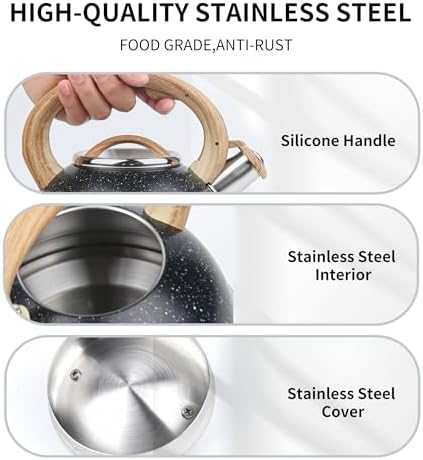 3 Quart Stainless Steel Whistling Tea Kettle – Natural Stone Finish Teapot with Cool-Touch Wood Handle, Loud Whistle & Rust-Resistant Base(black) - Image 4