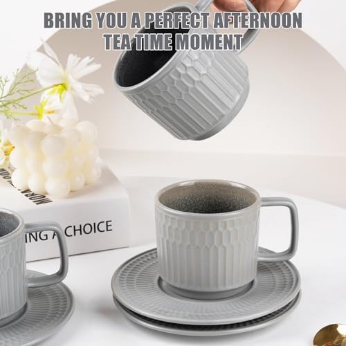 8oz Cappuccino Cups with Saucers Set of 4, 8 Ounce Stackable Embossed Ceramic Coffee Mugs for Specialty Coffee Drinks, Latte Mugs, Cafe Mocha and Tea, Dishwasher & Microwave Safe (Grey) - Image 5