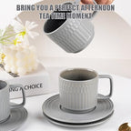 8oz Cappuccino Cups with Saucers Set of 4, 8 Ounce Stackable Embossed Ceramic Coffee Mugs for Specialty Coffee Drinks, Latte Mugs, Cafe Mocha and Tea, Dishwasher & Microwave Safe (Grey) - Image 5
