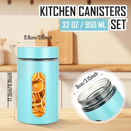 Mimorou 3 Pcs Stainless Steel Canister Set with Glass Windows Visible Storage Jars Silver Kitchen Canister Set for Pasta Flour Oat Sugar Container, Kitchen Tools, Housewarming Gifts(Turquoise,32 oz) - Image 2