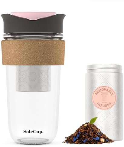 Large Travel Mug Loose Tea Infuser - Detachable Tea Strainer with Spill Proof Lid - 18oz/530ml BPA-Free Reusable Glass Travel Coffee Cup with Cork Band (Gray and Pink, 18oz) by SoleCup