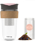 Large Travel Mug Loose Tea Infuser - Detachable Tea Strainer with Spill Proof Lid - 18oz/530ml BPA-Free Reusable Glass Travel Coffee Cup with Cork Band (Gray and Pink, 18oz) by SoleCup