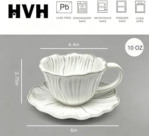HVH 10 oz Cappuccino Cups with Saucers Set of 4, Cream - Image 3