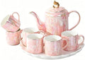DEARART Luxury Ceramic Tea Set, 1 Teapot & 6 Cups with Serving Tray, Handle Porcelain Coffee Tea Service Set, Elegant Pink Tea Cup Set for Home Kitchen, Afternoon Tea etc by DEARART