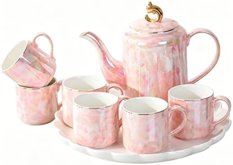 DEARART Luxury Ceramic Tea Set, 1 Teapot & 6 Cups with Serving Tray, Handle Porcelain Coffee Tea Service Set, Elegant Pink Tea Cup Set for Home Kitchen, Afternoon Tea etc by DEARART