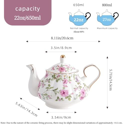 Agyiuns Flower Ceramic Teapot,22oz Porcelain Tea pot for Tea Coffee Milk for Office Home Men Women as Gift (White and big flowers) - Image 2