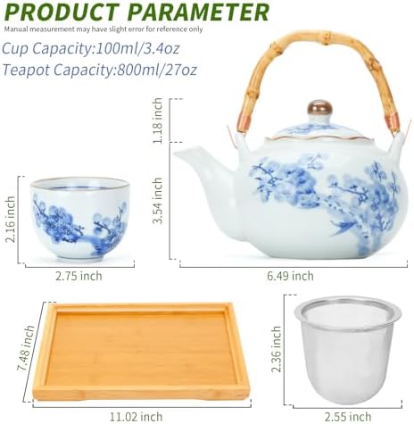 Japanese Tea Set Porcelain Tea Set with Teapot and Tea Cup Set for 4, Blue and White Tea Sets for Adults with Stainless Infuser and Bamboo Tray, Asian Tea Set for Tea Lovers/Women/Men (Plum & Bamboo) - Image 4