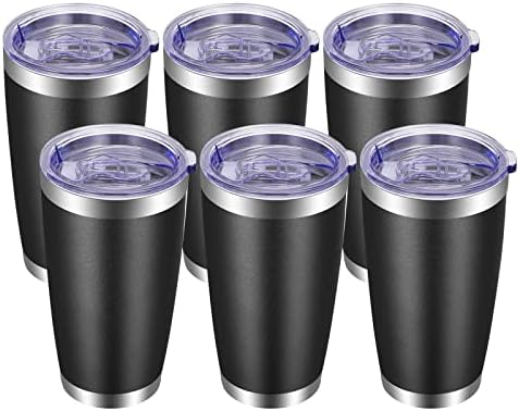 VEGOND 20oz Tumbler with Lid and Straw Stainless Steel Tumbler Cup Bulk Vacuum Insulated Double Wall Travel Coffee Mug Powder Coated Coffee Cup, Black, 6 Pack by VEGOND