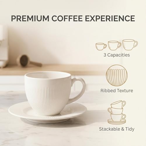 Elegant Ribbed Ceramic Cup and Saucer Set, White, 3 Sizes - Image 7