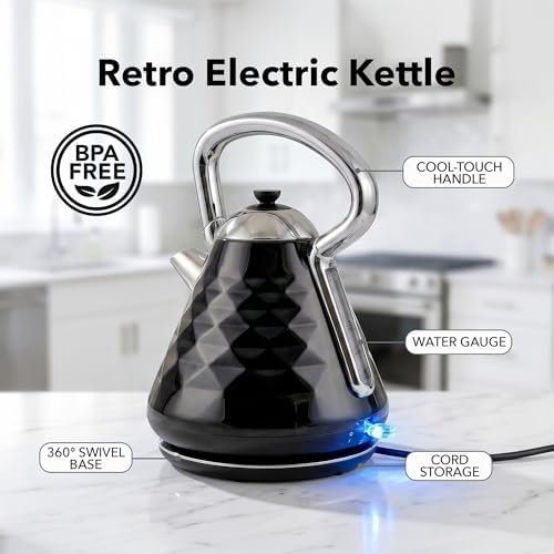 OVENTE 1.7L Retro Stainless Steel Electric Tea Kettle, Black KS755B - Image 2