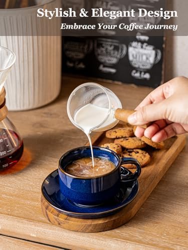 Gomakren 6oz Cappuccino Cups Set of 4 with Saucers Metal Rack, Cobalt Blue - Image 4