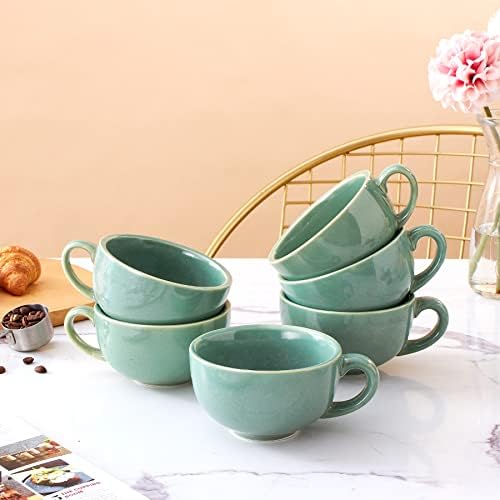 Coffeezone Set of 6 Cups Vintage Design 12 oz Professional Barista Ceramic Latte Art Cappuccino Cups Set (Green * 6) - Image 2