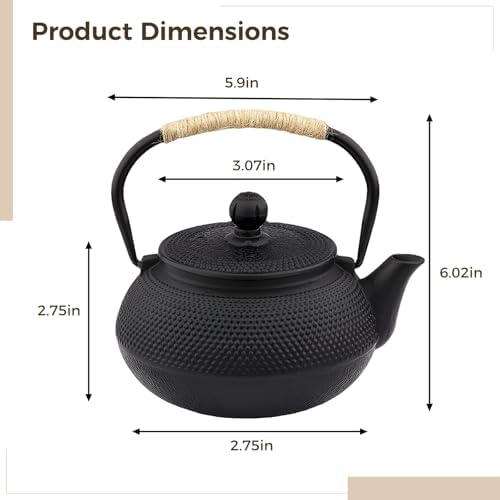 Cast Iron Teapot, 600 ml Japanese Tetsubin Tea Kettle with Infuser, Black Stovetop Tea Kettle with Rope Wrapped Handle, Traditional Style for Loose Leaf Tea and Daily Brewing - Image 2