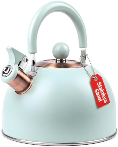 2.6 Quart Mint Green Whistling Tea Kettle, tea pot, Stainless Steel, Cool-Touch Handle, Loud Whistle, 7.48-inch Base, Induction Compatible by Rixordd