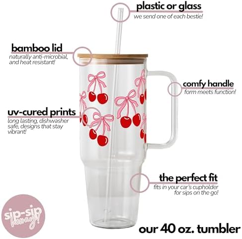 Sip-Sip Hooray! Coquette Cherry Bow 40oz Glass Tumbler with Lid and Straw - Image 4