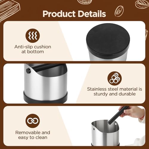 VINATO Stainless Steel Knock Container 1.2 L for Portafilter, Espresso Knock Box with Removable Knock Bar, Compatible with De'Longhi, Sage, Ninja - Image 3