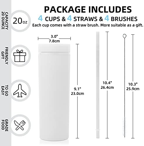 Volhoply 20oz Plastic Skinny Tumblers Bulk 4 Pack,Double Wall Tumbler with Lid and Straw,Reusable Travel Iced Coffee Mug,BPA Free Matte Acrylic Water Cups With Straw for Party,DIY Gifts(White,4 Set) - Image 3