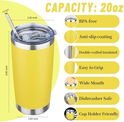 20 oz Tumbler with Lids and Straws, Stainless Steel Insulated Travel Coffee Mug, Double Wall Vacuum Insulated Tumblers, Powder Coated Coffee Tumbler for Cold & Hot Drinks (Yellow, 4 Pack) - Image 2