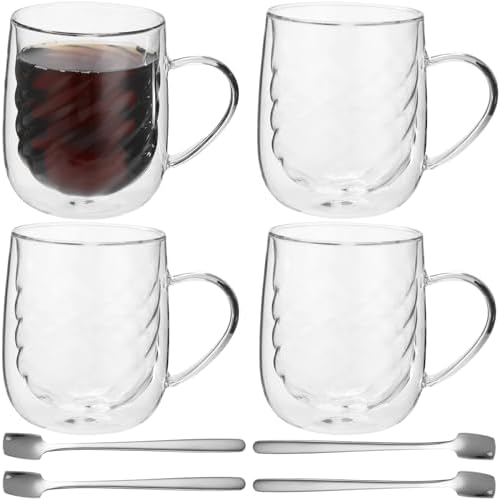 4 Pcs Double Walled Glass Coffee Mug Set, 12 oz Insulated Clear Cups with Handle, Spiral Pattern Design Glassware, includes 4 Stainless Steel Spoons, for Latte, Cappuccino, Tea, Hot and Cold Drinks by Unknown