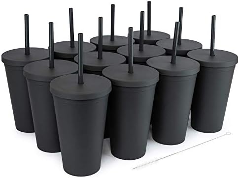 STRATA CUPS Classsic Black Tumblers with Lids (12 pack) - 16oz Colored Acrylic Cups with Lids and Straws | Double Wall Matte Plastic Bulk Tumblers With FREE Straw Cleaner! Customizable DIY Gifts by STRATACUPS