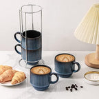 Hasense Navy Coffee Mugs Porcelain Set of 4 with Rack - 12 oz Stackable Coffee Cups Ceramic, Modern Ribbed Latte Cup Sets for Cappuccino, Tea, Espresso, Hot Cocoa, Drinks - Dishwasher & Microwave Safe - Image 5