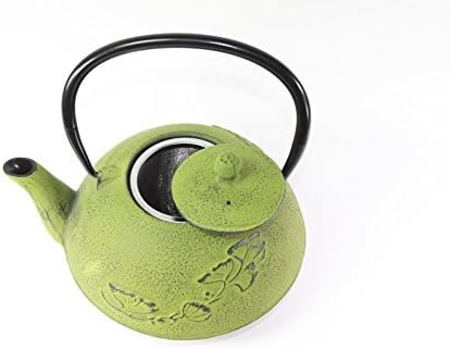 Japanese Antique 24 fl oz Green Ginkgo Leaf Cast Iron Teapot Tetsubin with Infuser - Image 3