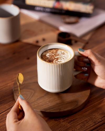 famiware Coffee Mug Set for 4, Star 12 oz Catering Mugs Cup Set with Handle for Coffee, Tea, Cocoa, Milk - Ceramic Stoneware Drinkware Set, Cappuccino White (Pack of 2) - Image 4