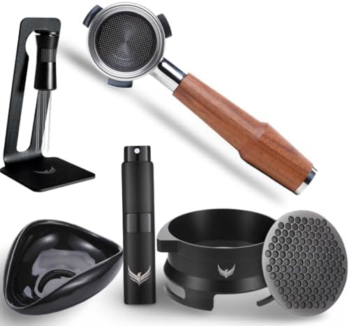 Breville Espresso Accessories Kit Walnut Bottomless Portafilter 54mm Dosing Funnel, Puck Screen, Coffee Bean Dosing Cup, RDT Spray Bottle, and Magnetic WDT Tool by KNODOS