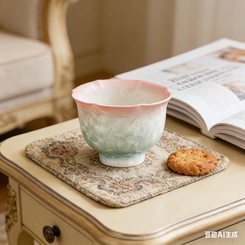 Ceramic Tea/Coffee Cup Set - Retro Crystal Glaze Espresso Cups, 3 oz, Hand-Painted, Suitable for Afternoon Tea or Coffee, Unisex Birthday Gift, Pink and Green Gradient(Gradient Stemmed Glass) - Image 3