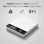 Partyreal Digital Kitchen Coffee Scale，Slim Scale with Tare, g/oz/ml Units, Backlit Display, USB-C Rechargeable (Cable Included) + AAA Backup Power White - Image 7